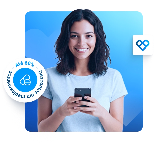 Ilustração de um homem e uma mulher, ambos com jalecos, segurando uma caixa de remédio. Ao fundo, um mapa com localização de farmácias.